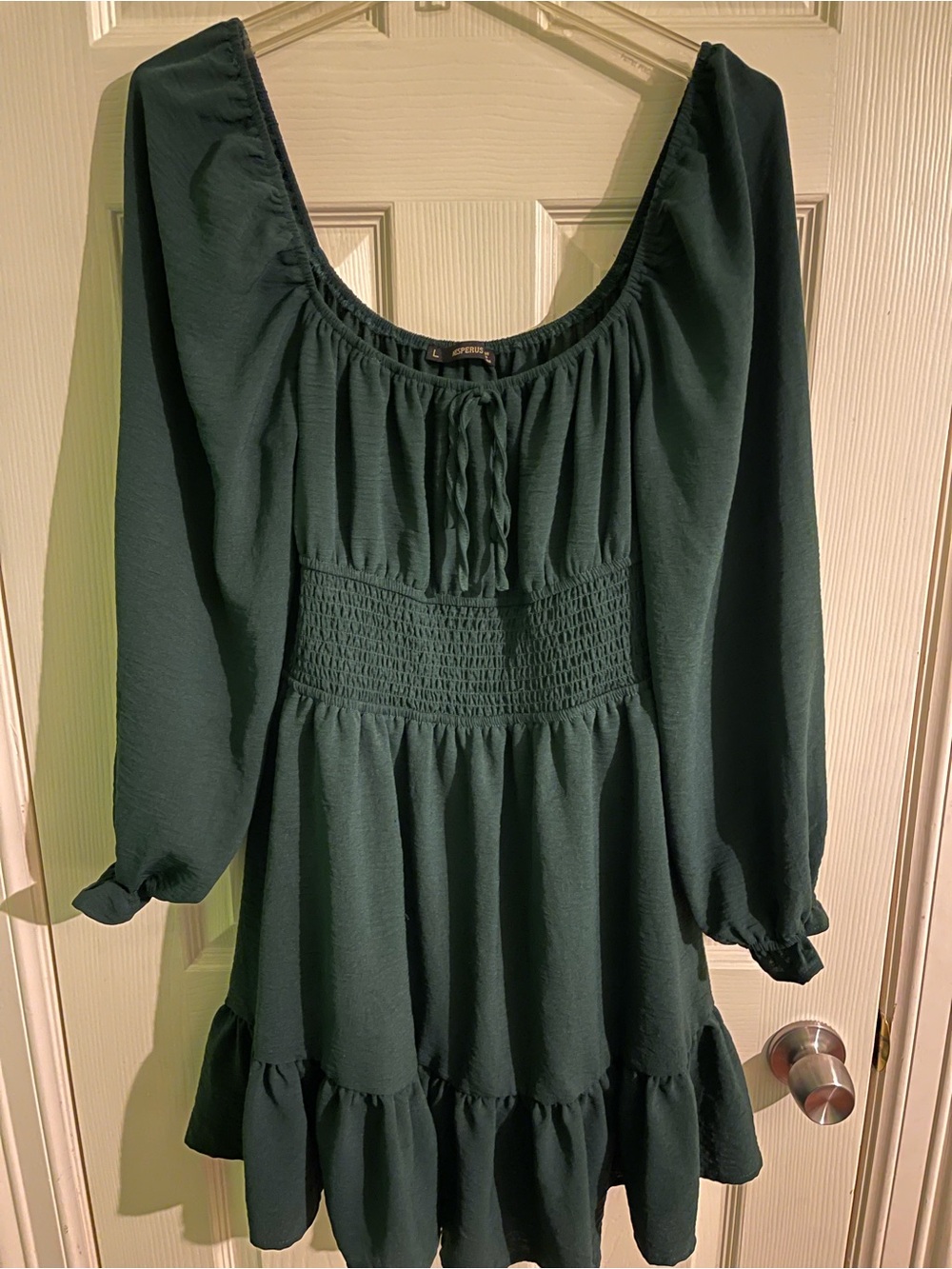 Dark Green Long Sleeve Smocked Waist Dress - Large